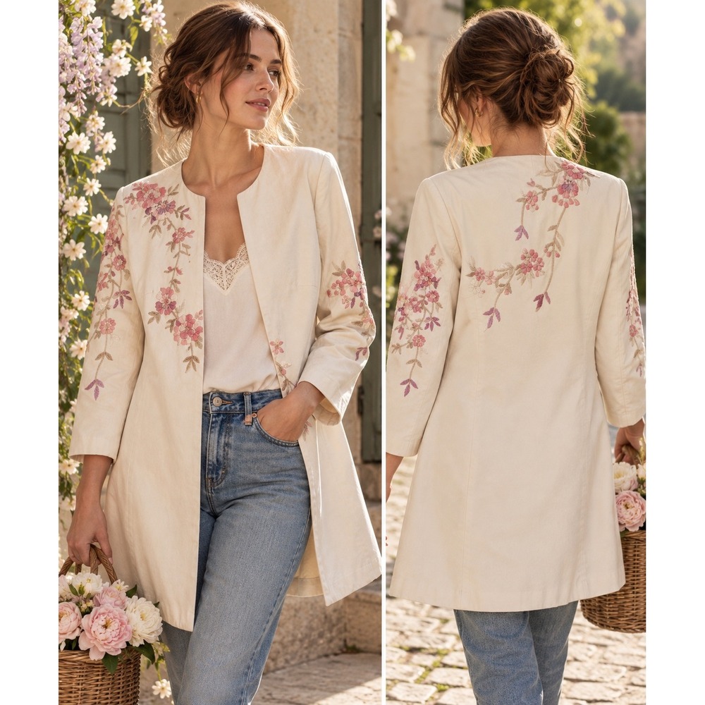Odille Anthropologie Embroidered Floral Cotton Coat Jacket Cottagecore 6